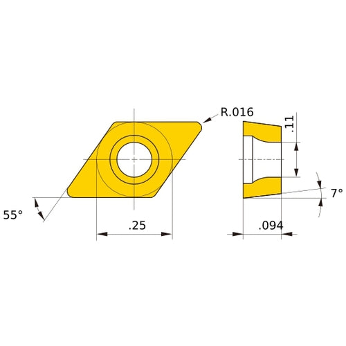 DCMW 21.51 flat_top MD220, 0.4 mm Corner Radius, 2.38 mm Thick, 6.35 mm Inscribed Circle, Turning Indexable Insert