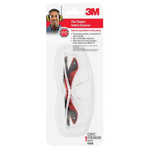 3M Flat Temple Safety Eyewear 47010-WV12 Black/Red Frame Clear/Scratch Resistant Lens - Apex Tool & Supply