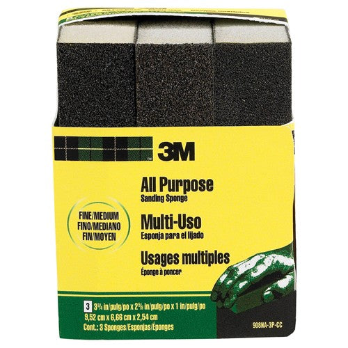 ‎3M General Purpose Sanding Sponge 908NA-3P-CC 3 3/4″ × 2 5/8″ × 1″ Dual Grit Fine/Medium - Apex Tool & Supply