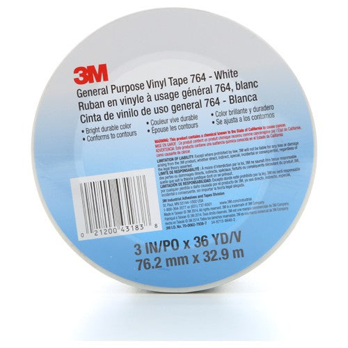 3M General Purpose Vinyl Tape 764 White 3″ × 36 yd 5 mil Individually Wrapped Conveniently Packaged - Apex Tool & Supply